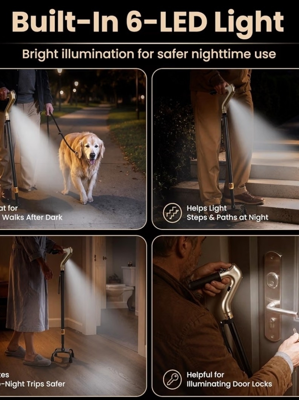 Walking Cane W. LED Light | Quad Base | 30"–39" Adjustable Height | NEW IN BOX | - Picture 2 of 6